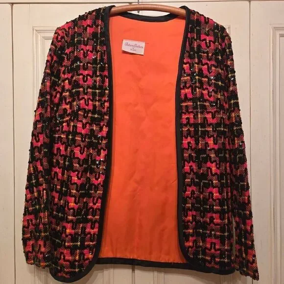 1960s Sequin Embellished Plaid Cardigan Blazer